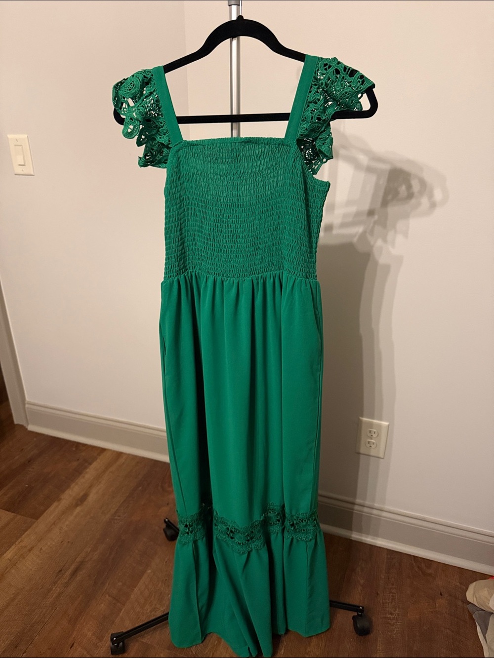 Green Maxi Dress with Smocked Bodice and Lace Straps